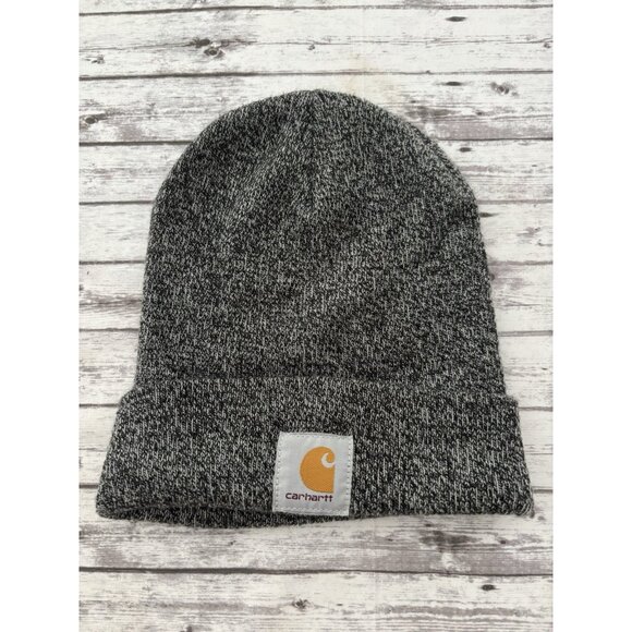 Carhartt Knit Hat Beanie One Size Gray Black Winter Logo - Picture 1 of 7